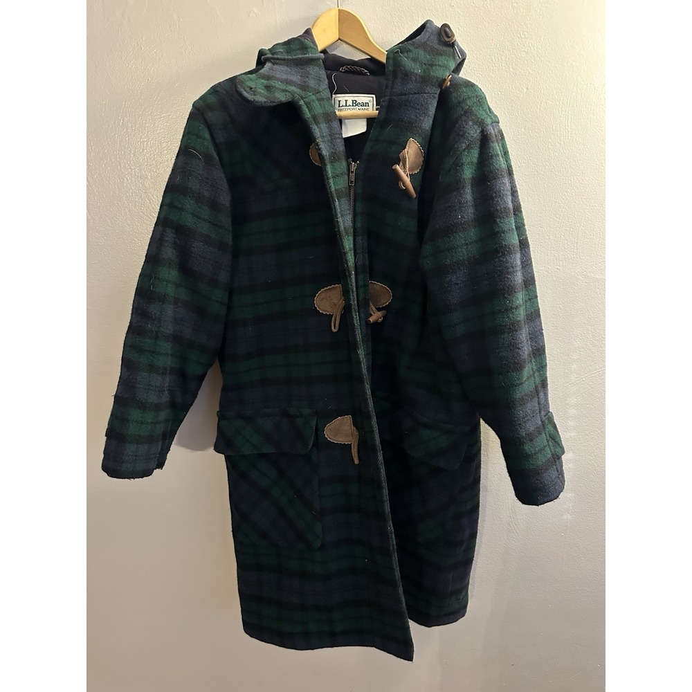Vintage Men's L.L.Bean Size Sm Tall Wool Duffle Coat Navy Green Plaid USA EUC